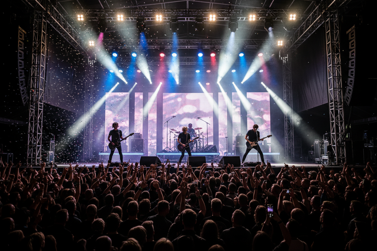 ROCK BAND ON STAGE IN FRONT OF CROWD WITH STAGE LIGHTING